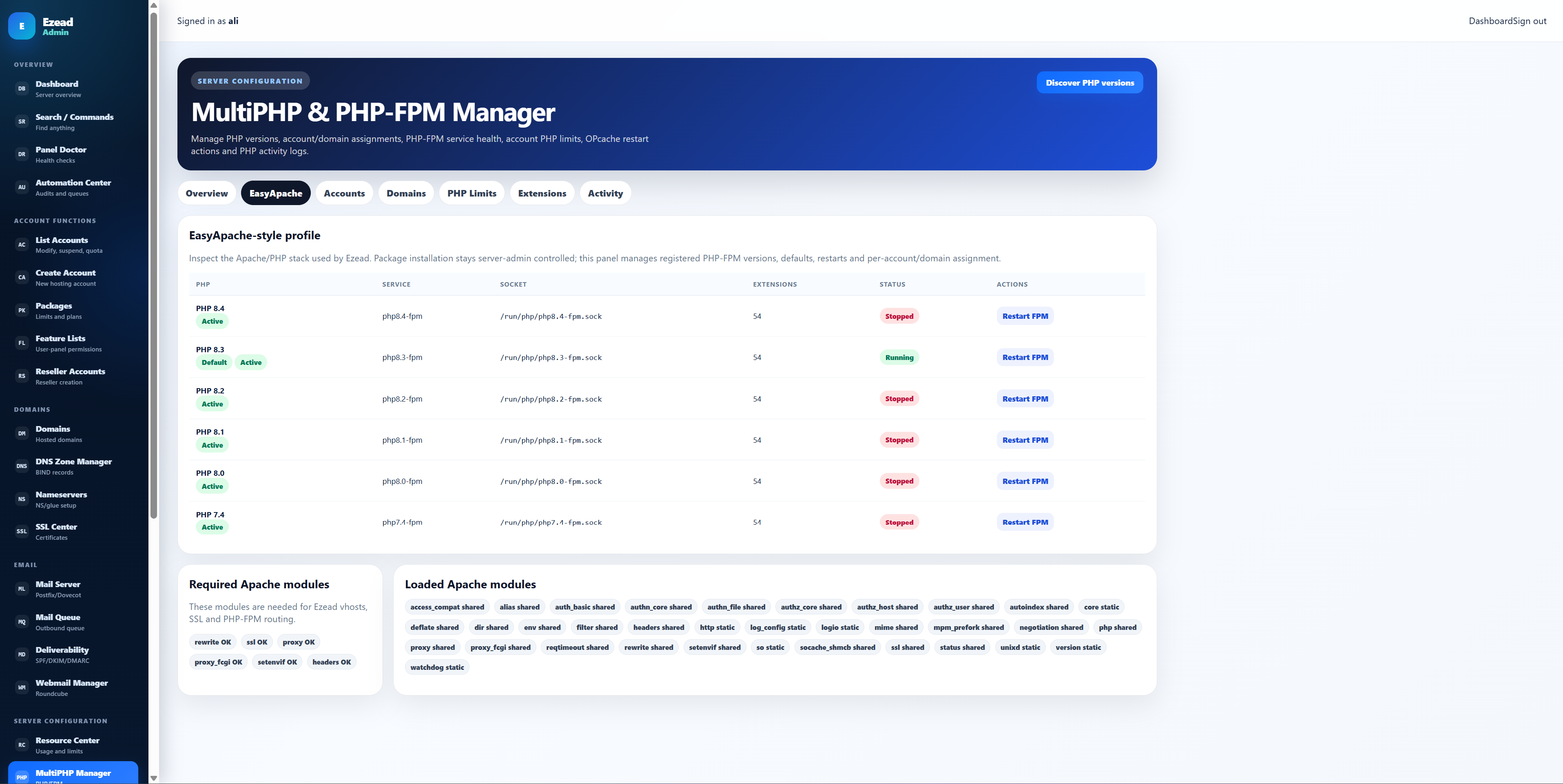 EzePanel MultiPHP control interface